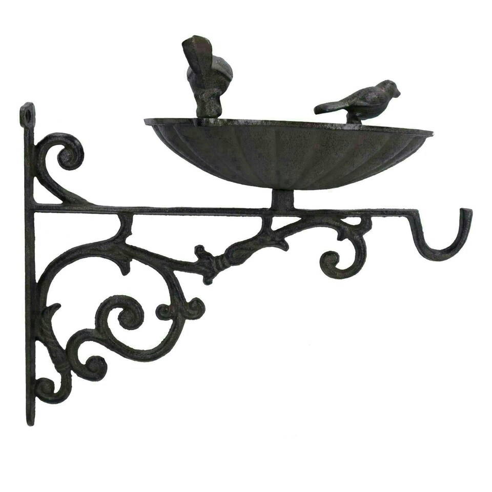image 1 of Wall Mount Bird Bath Cast Iron Feeder Ornament Garden Feature Statue Fence