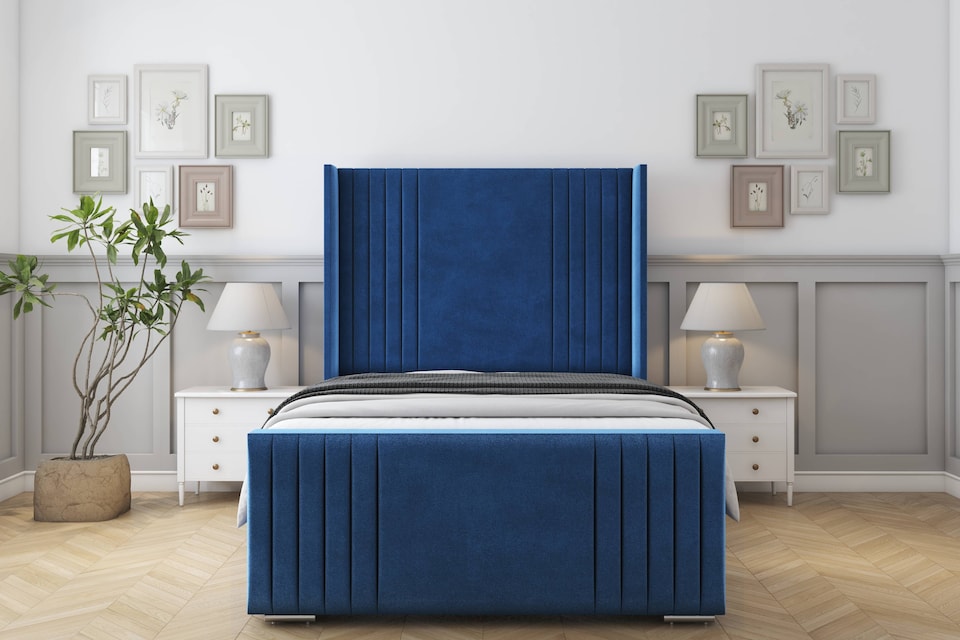 image 1 of Sloomy Camden Navy Plush Bed Frame With 50"  Upholstered Wingback Headboard 3' Single