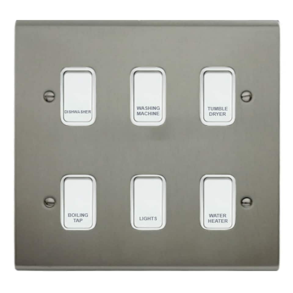 Deta Kitchen Grid Switch Stainless Steel / White Switches - 6 Gang