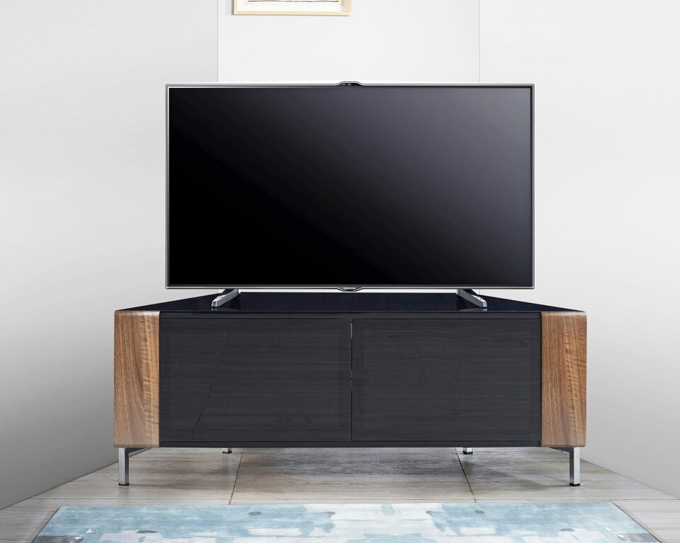 image 1 of MDA Designs CORVUS Corner-Friendly Gloss Black Contemporary Cabinet with Walnut Profiles Black BeamThru Glass Doors Suitable for Flat Screen TVs up to 50" | Multi | 1