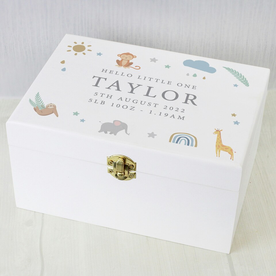 image 1 of Personalised Safari Animals Small Wooden Keepsake Box White