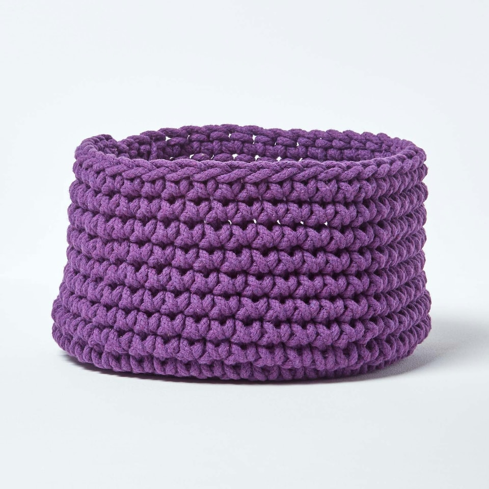 image 1 of Homescapes Deep Purple Cotton Knitted Round Storage Basket - 37 x 21 cm Purple | M