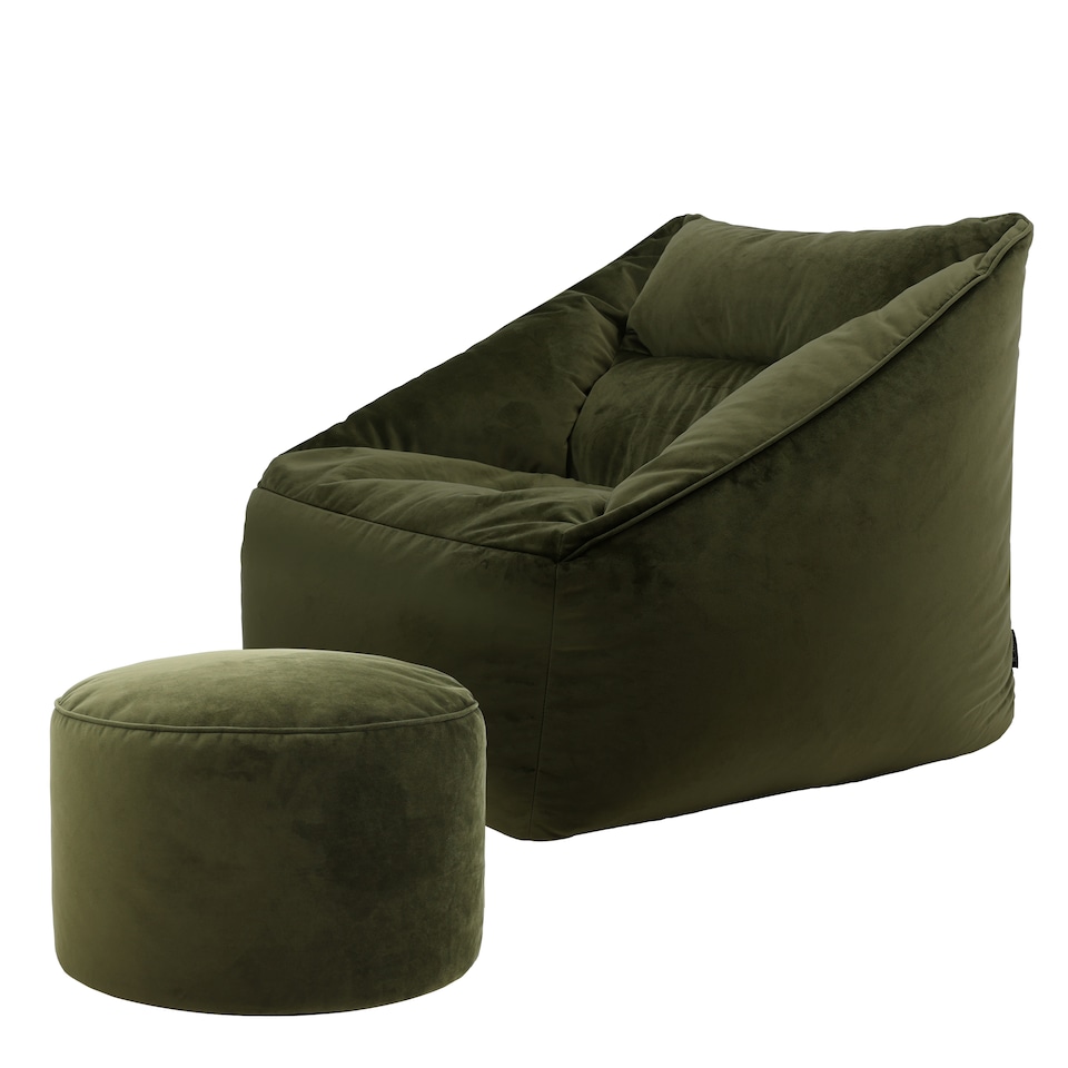 image 1 of Natalia Velvet Adults Bean Bag Armchair and Pouffe, Ready Filled Large Beanbag and Footstool Olive Green | Green | Olive Green | XL | 2