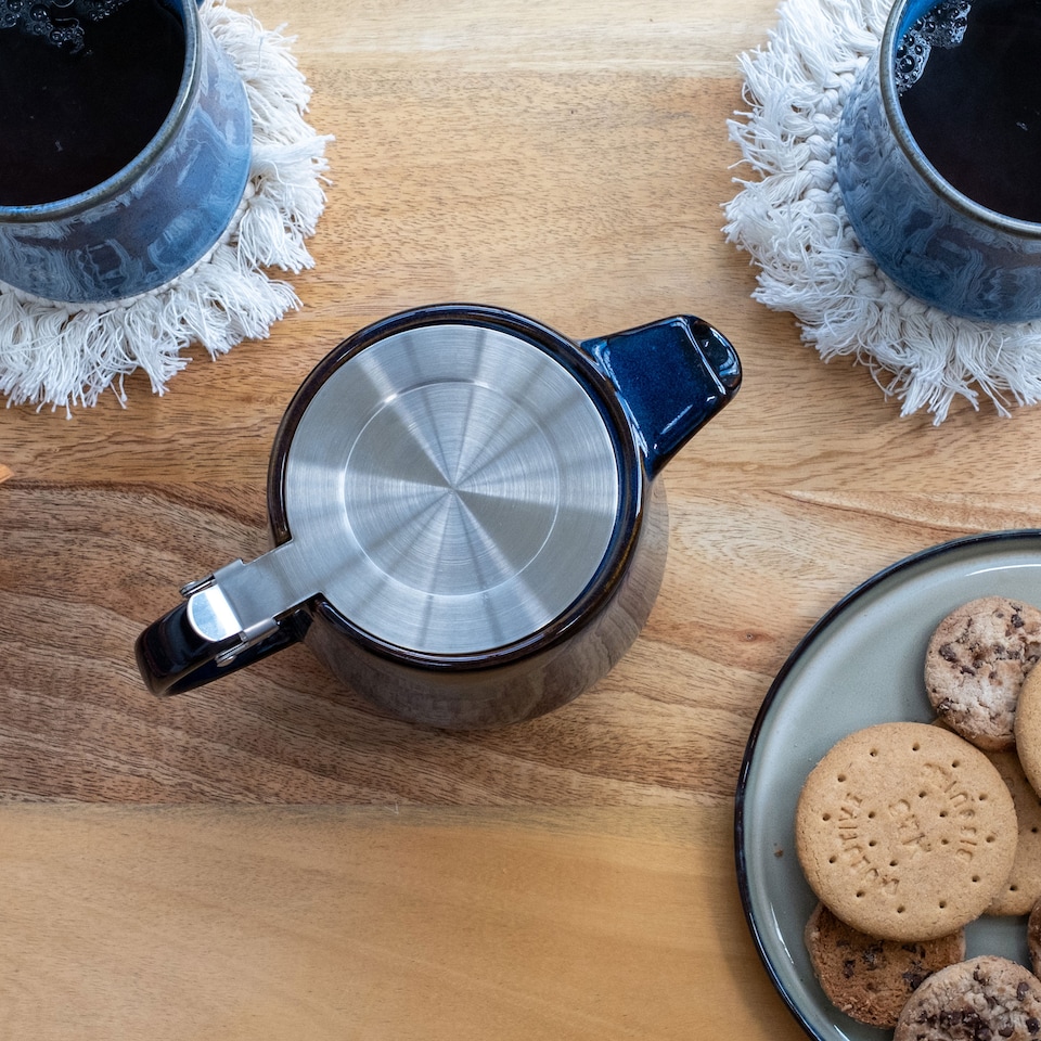 image 1 of Scandi Home 1L Bergen Blue Reactive Glaze Infuser Teapot with Stainless Steel Lid