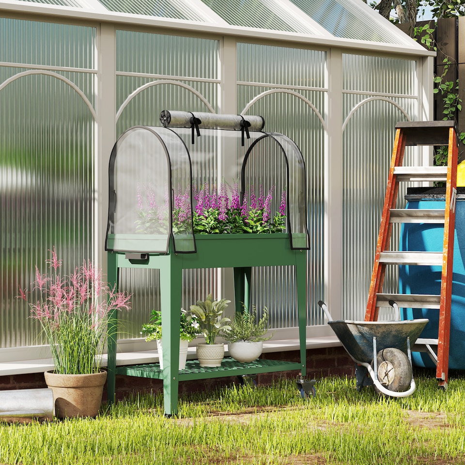 image 1 of Outsunny Mobile Raised Garden Bed with Greenhouse Cover, Green | Green | Green