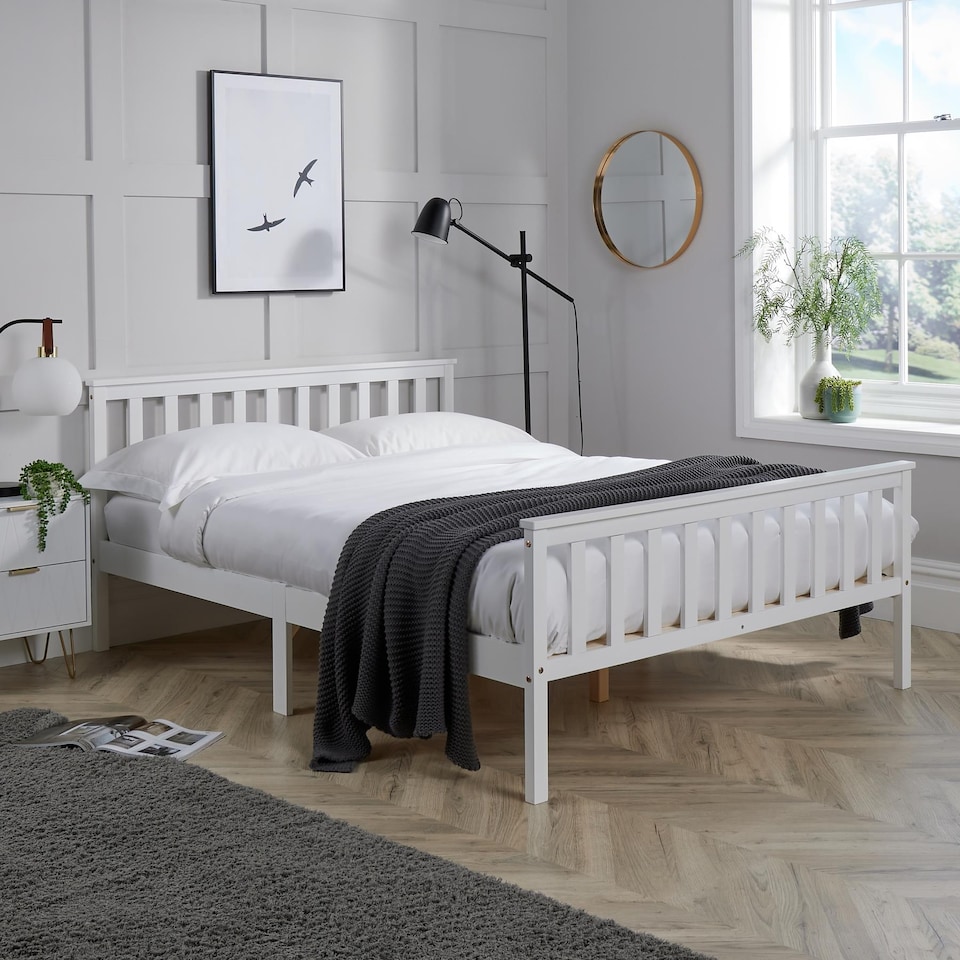 image 1 of Small Double White Wooden Bed 4ft Solid Pine Furniture High End Slatted Base
