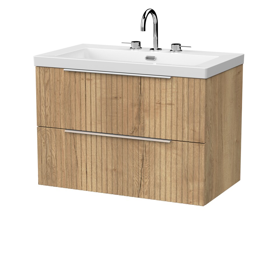 image 1 of Balterley Callingwood Contemporary Wall Hung 2 Drawer Vanity Unit with 3 Tap Hole Fireclay Basin , 800mm, Autumn Oak
