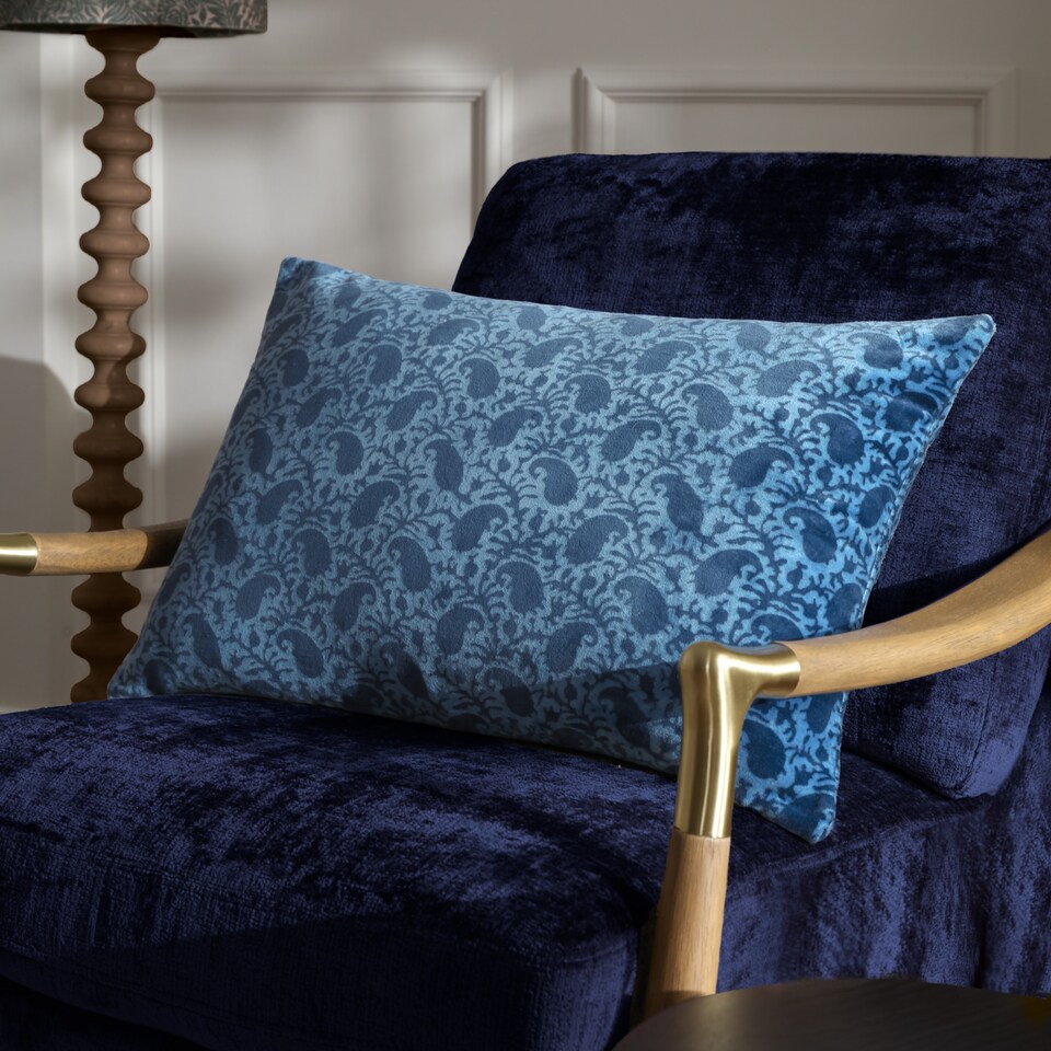 image 1 of Paoletti Boteh Printed Velvet Cushion, True Blue/Navy, 40 x 60cm