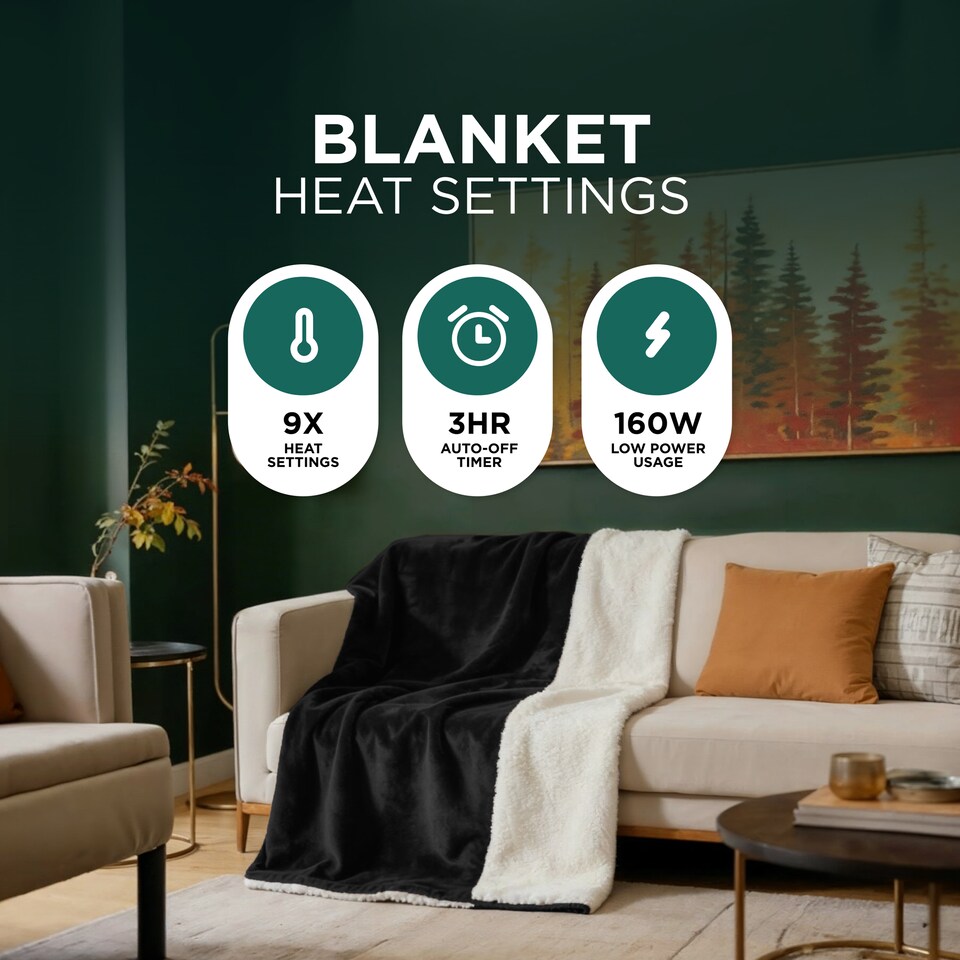 image 1 of DMD Heated Electric Throw Blanket, Fleece Sherpa, 9 Heat Settings & Timer, 150x200cm