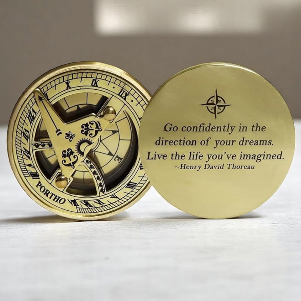 image 1 of Engraved Sundial Compass Gift – “Go Confidently” Inspirational Quote Gold