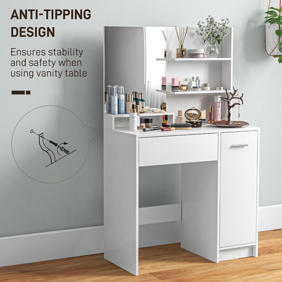 image 1 of HOMCOM Dressing Table with Mirror and Stool, Vanity Table, Modern Makeup Desk with Drawer, Storage Cabinet and Adjustable Shelf for Bedroom, White