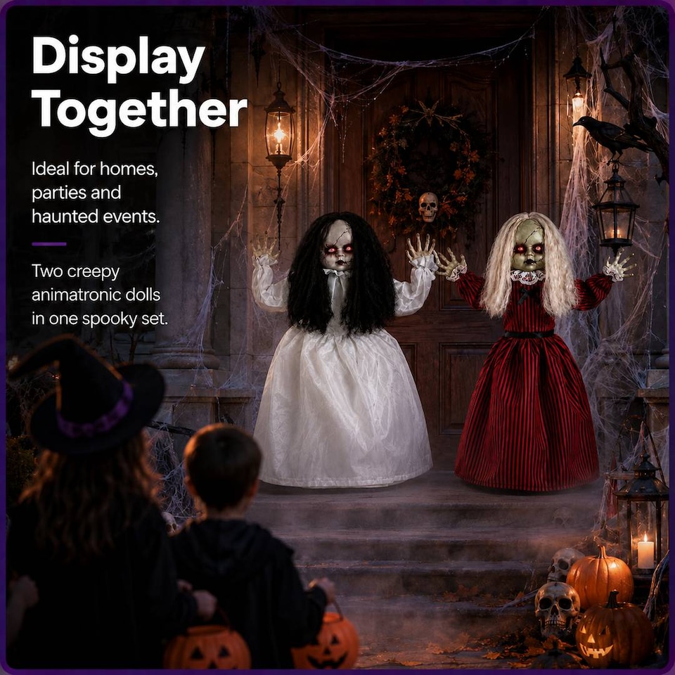 image 1 of Adult Halloween Animated Jumping & Walking Dolls Spooky Party Decoration Prop Pair Set of 2