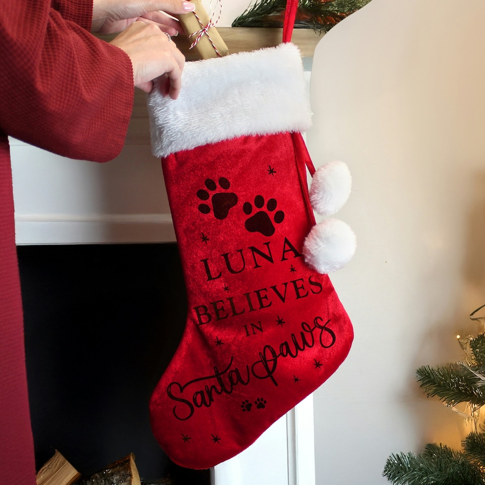 image 1 of Personalised Santa Paws Christmas Red Stocking
