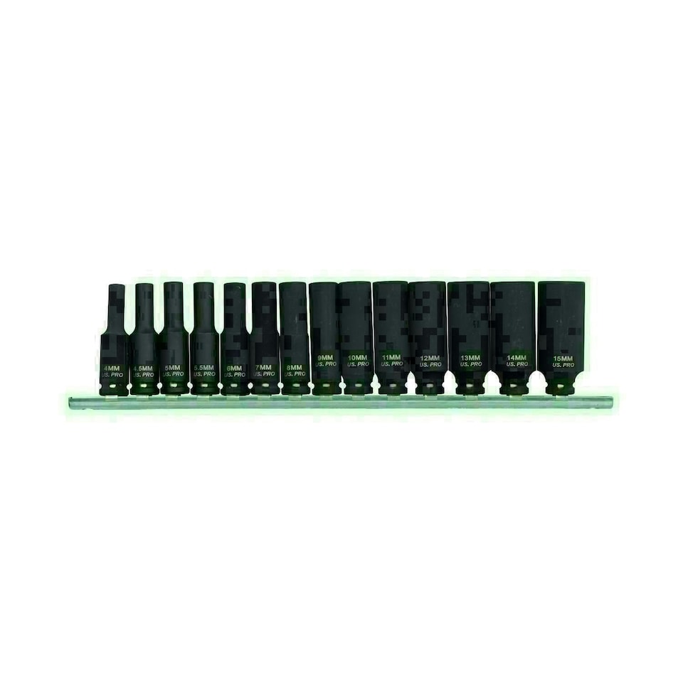 image 1 of 1/4" Drive Deep Metric Impact Sockets 6 Sided 14pc 4mm - 15mm U S Pro Tools