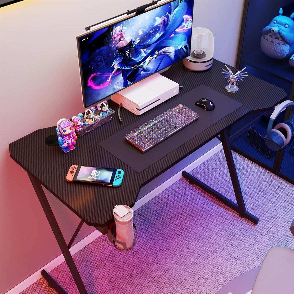 image 1 of House of Home Gaming Desk Carbon Fibre Finish Black 80cm Cup Holder, Headphone Hook | Black