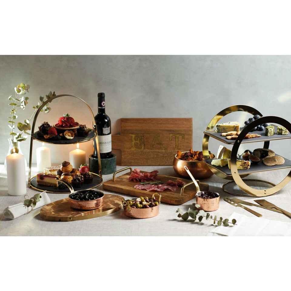 image 1 of Artesà 2-Tier Brass Geometric Serving Stand with Slate Black