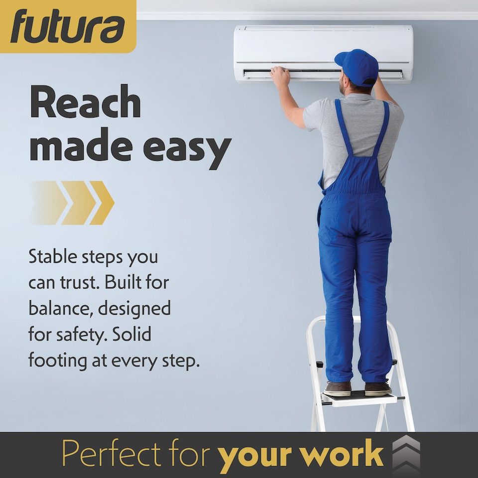 image 1 of Futura 2 Step Ladder White, Heavy-Duty Steel Folding Home DIY Step Stool with Wide Non-Slip Steps & Anti Slip Feet 150kg Capacity