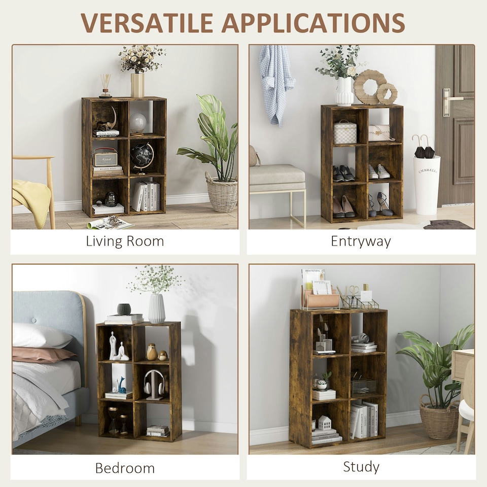 image 1 of HOMCOM 6-Cube Bookshelf, Display Shelving Unit for Home Office, Rustic Brown