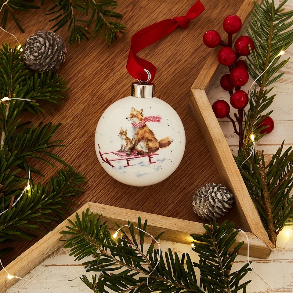 image 1 of Wrendale Designs Fox Sleigh Ride Fine Bone China Christmas Bauble
