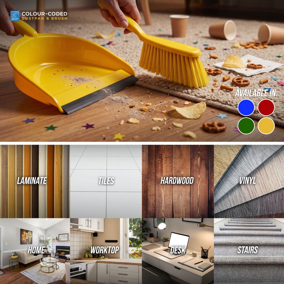 image 1 of Colour Coded Dustpan and Brush Sets Wide Plastic Dustpan with Rubber Lip and Soft Bristle Brush