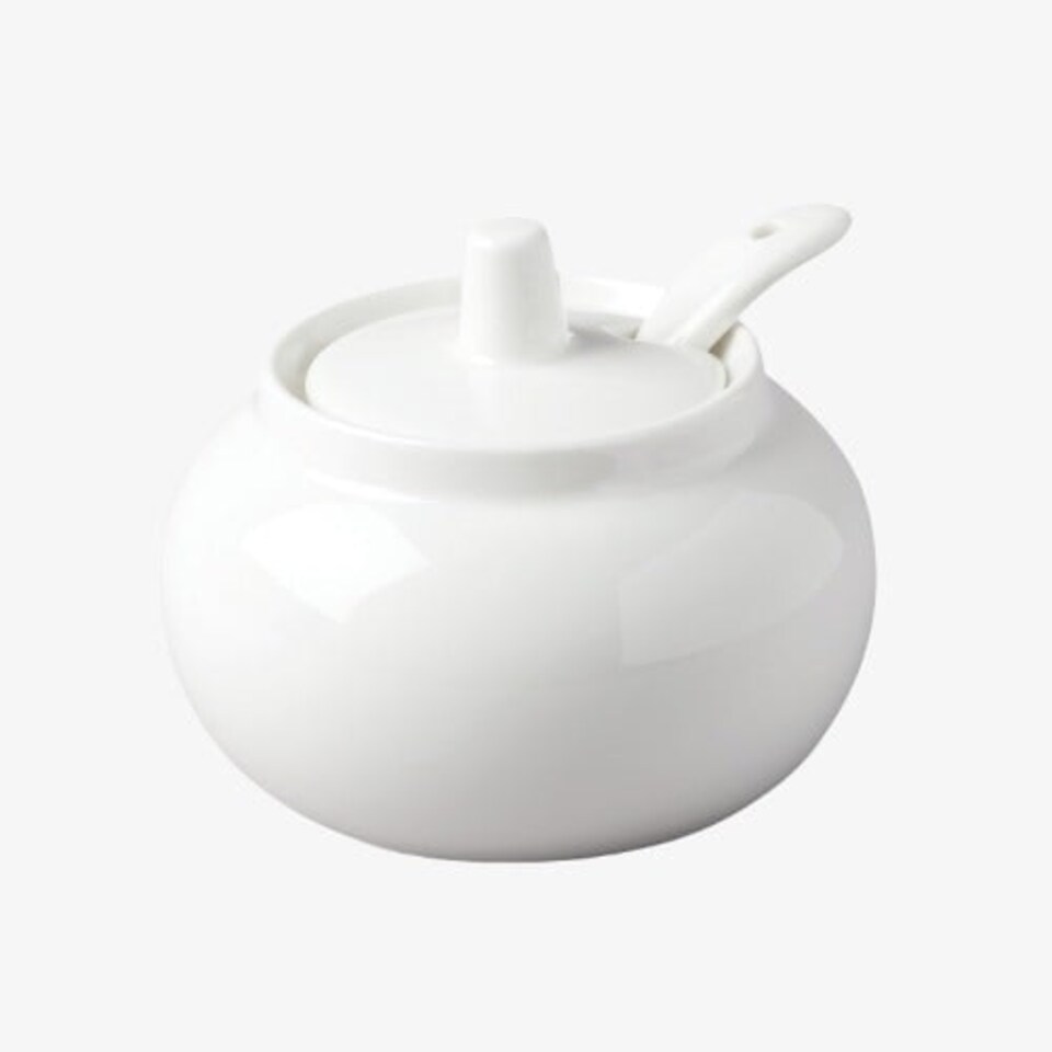 image 1 of Wm Bartleet & Sons Porcelain Bellied Sugar/Jam/Mustard Pot with Spoon, White