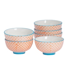Nicola Spring Hand-Printed Rice Bowls - 12cm - Orange - Pack of 6 | Orange | Multi-Coloured