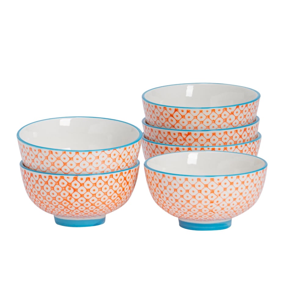 image 1 of Nicola Spring Hand-Printed Rice Bowls - 12cm - Orange - Pack of 6 | Orange | Multi-Coloured