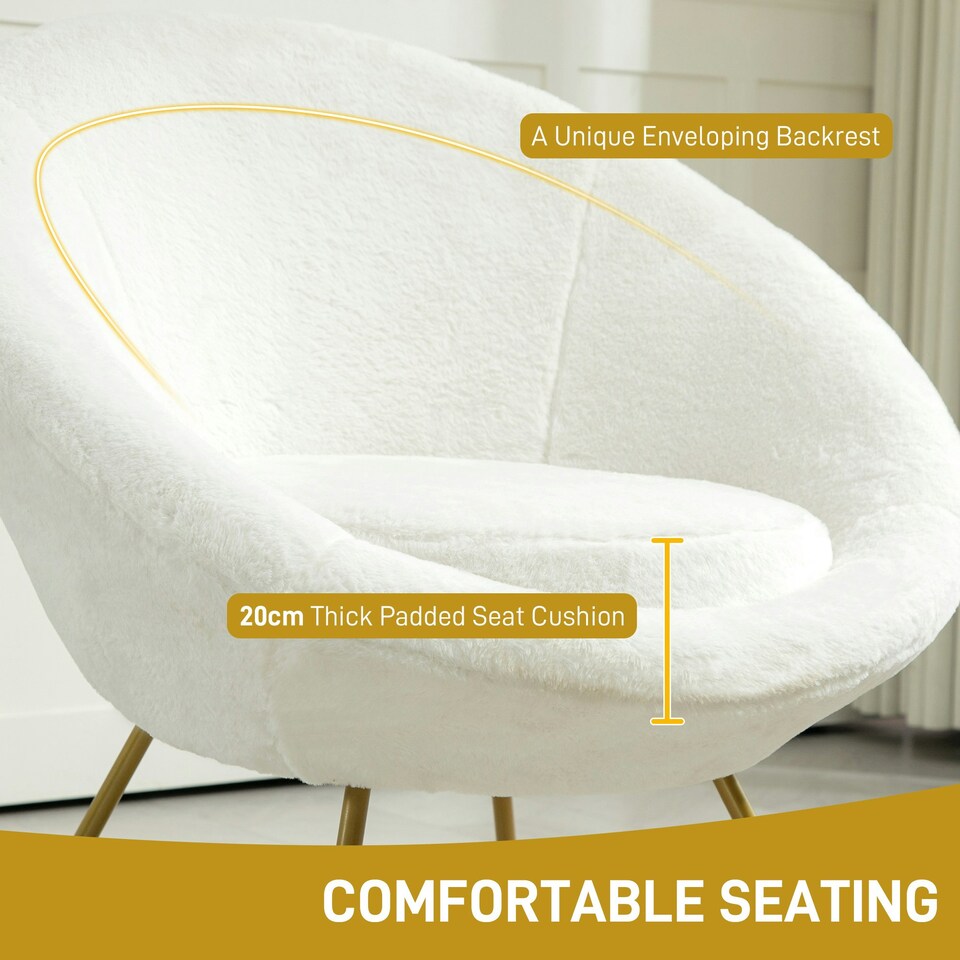 image 1 of HOMCOM Faux Fur Comfy Chair with Golden Metal Legs, Non-Slip Footpad, White