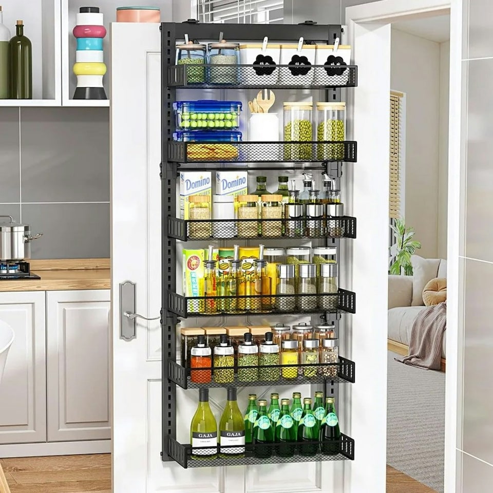 image 1 of Living and Home Black Steel Over-the-Door Kitchen Pantry Organiser