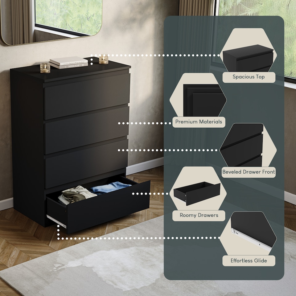 image 1 of Vida Designs Denver 4 Drawer Chest of Drawers Bedroom Storage, Black