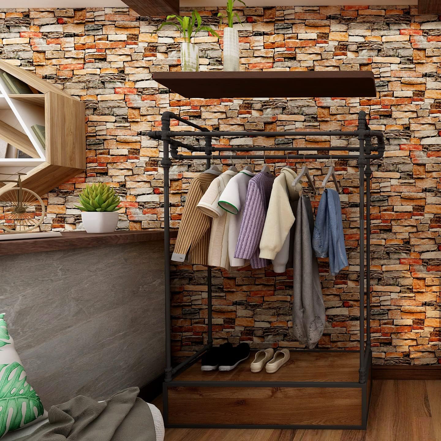 Vintage Colored Stone Brick Effect Self Adhesive Wallpaper Brown Red and Grey Peel and Stick Wall Sticker Vinyl Wrap Film Roll for