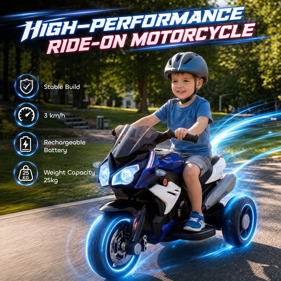 image 1 of HOMCOM Kids Electric Motorcycle with 3 Wheels, Headlight, Music, Horn, Blue