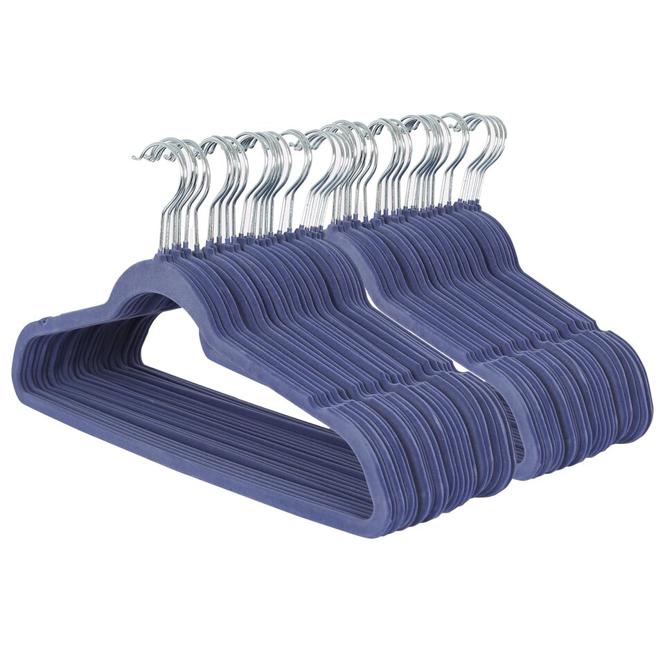 image 1 of Harbour Housewares 50x Velvet Hangers - 45cm - Blue - Non-Slip Coat Hangers with Trouser Bar Clothes Bar 360 Degree Swivel Hook