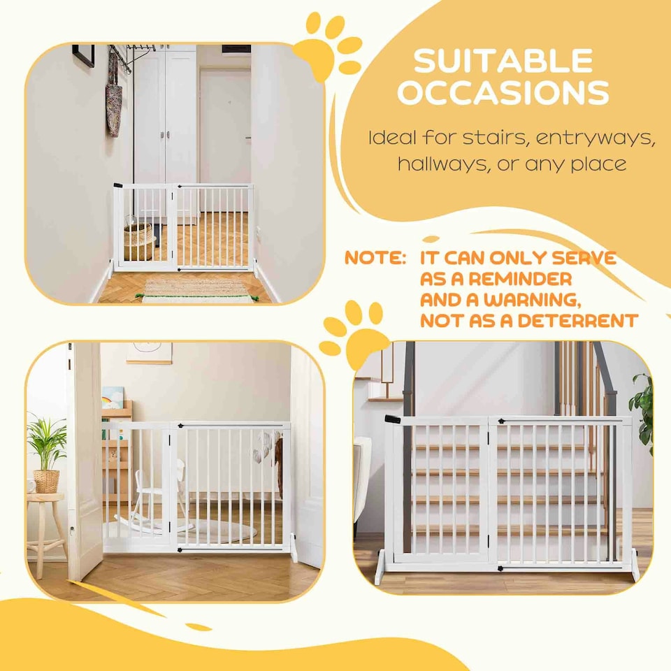image 1 of PawHut Wooden Freestanding Pet Gate Adjustable w/ Door Lock Safe Barrier White