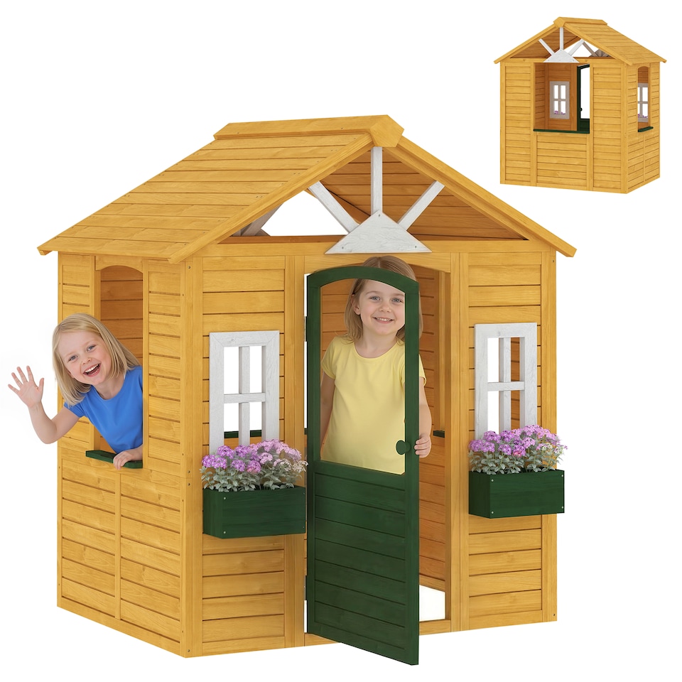 image 1 of AIYAPLAY Outdoor Playhouse, Wooden Wendy House with Door, 2 Flower Boxes