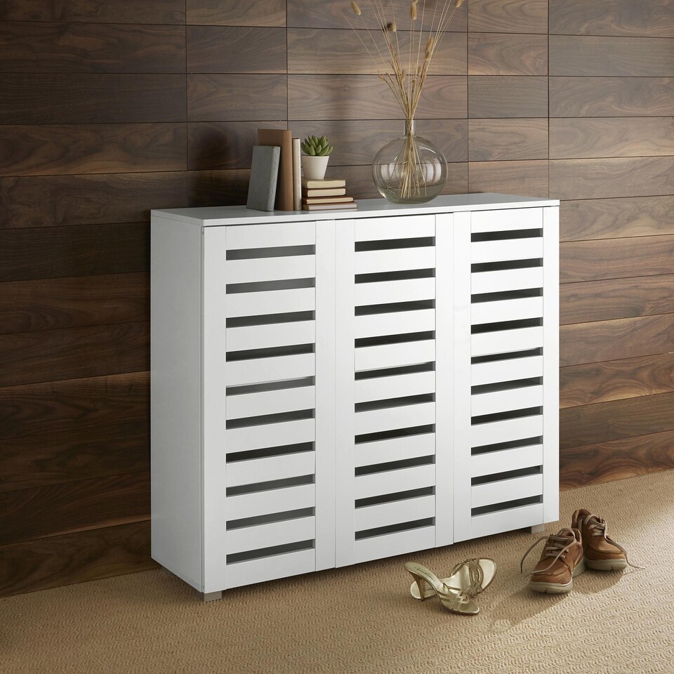 image 1 of Oslo 3 Door Wooden Shoe Storage Cabinet Rack Stand Cupboard Slatted Doors | White