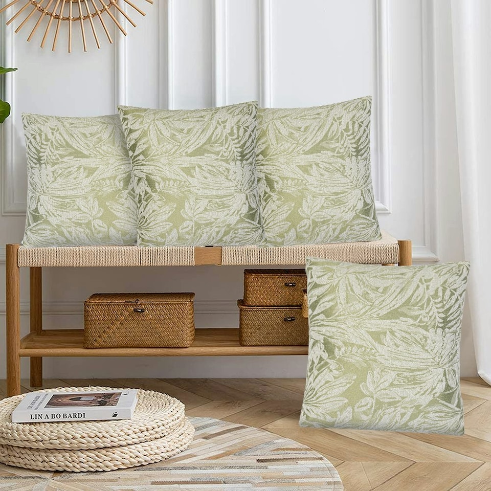 image 1 of Botanic Floral Soft Chenille 45cm x 45cm Green Cushion Set of 4 | Green | White | 45cm x 45cm x 10cm | 4