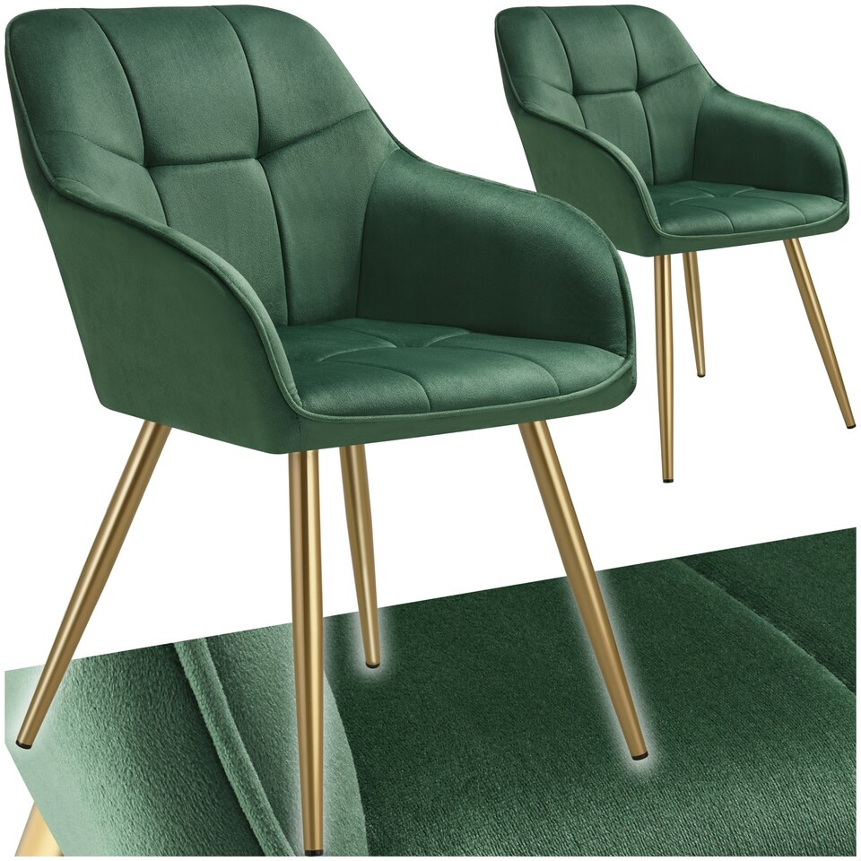 image 1 of Chair Marilyn - quilted velvet look, continuous backrest, golden steel legs - Set of 2 Green | Dark Green/Gold