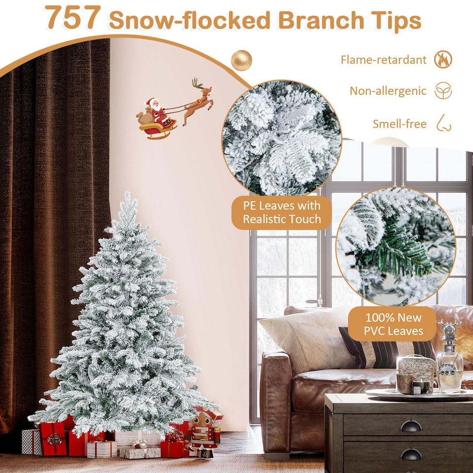 image 1 of COSTWAY 4.5FT Pre-lit Artificial Christmas Tree Hinged Flocked Xmas Tree with LED Lights