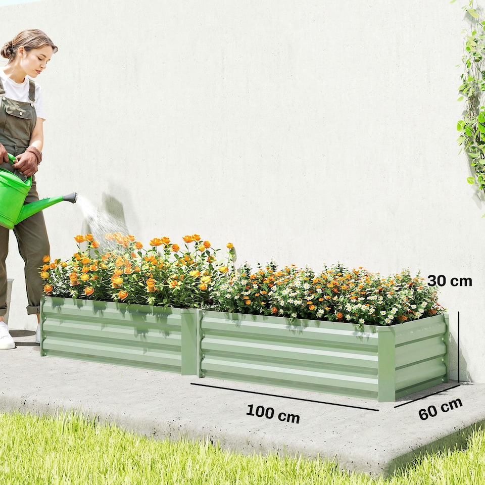 image 1 of Outsunny Set of 2 Raised Garden Bed Galvanised Planter Box, Light Green | Green | Dark Grey