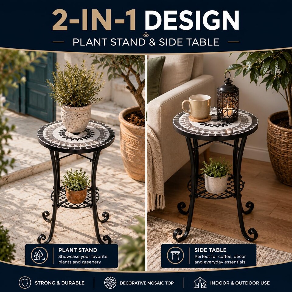 image 1 of Medina Mosaic Plant Stand Side Table with Ceramic Tile Top for Indoor and Outdoor Use
