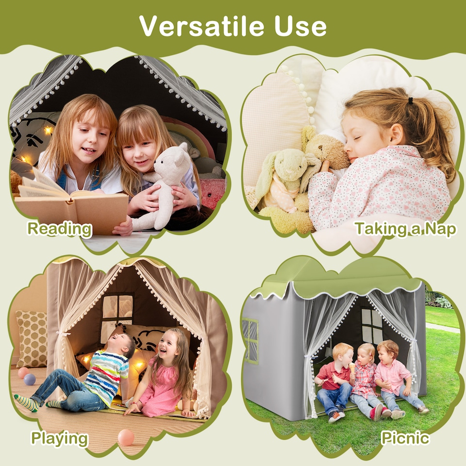 image 1 of COSTWAY Kids Playhouse Tent w/ Washable Mat & Star Lights-Green