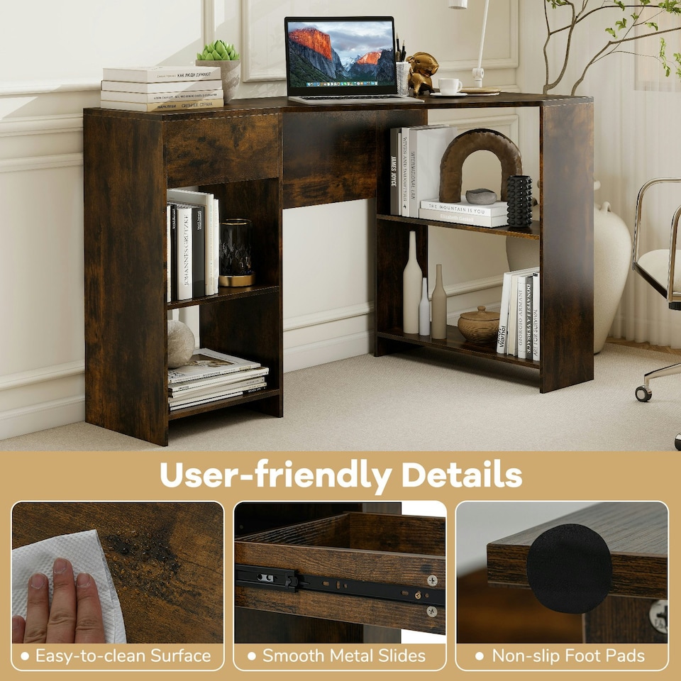 image 1 of COSTWAY L-Shaped Computer Desk Corner Table w/Storage Brown Brown