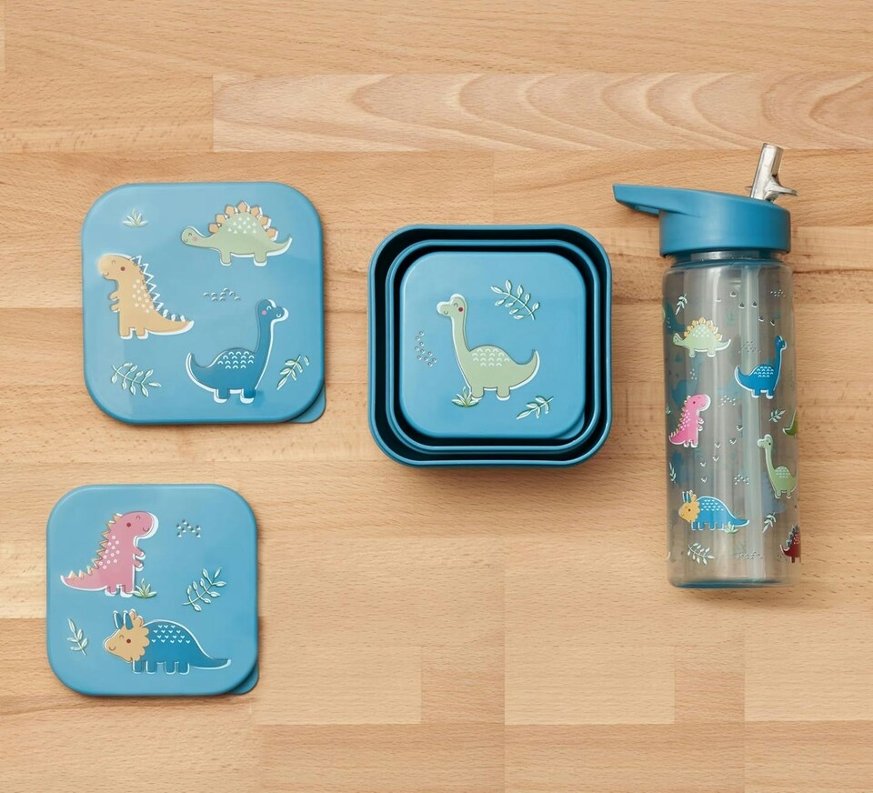 image 1 of Tiny To Tots Dinosaur Lunch Bag, 3 Pack Nested Boxes & Flip Top Straw Sipper 500ml