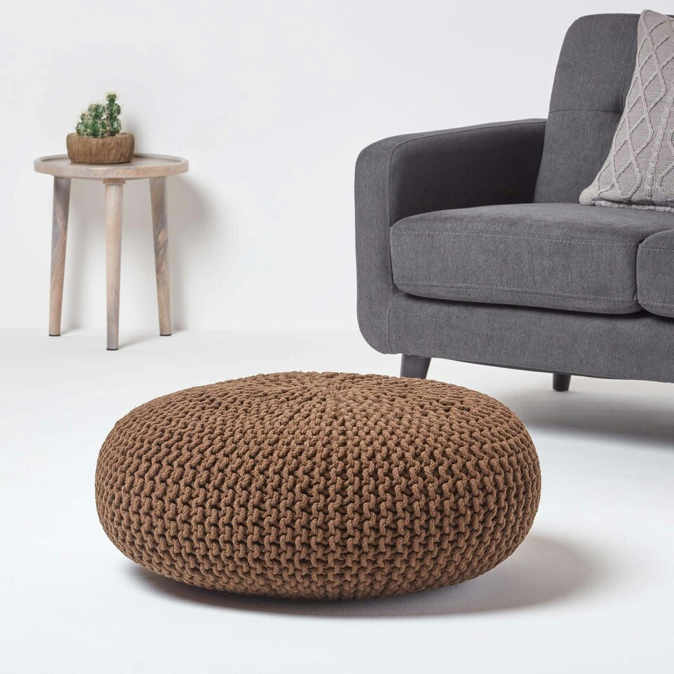 image 1 of Homescapes Chocolate Brown Large Round Cotton Knitted Pouffe Footstool