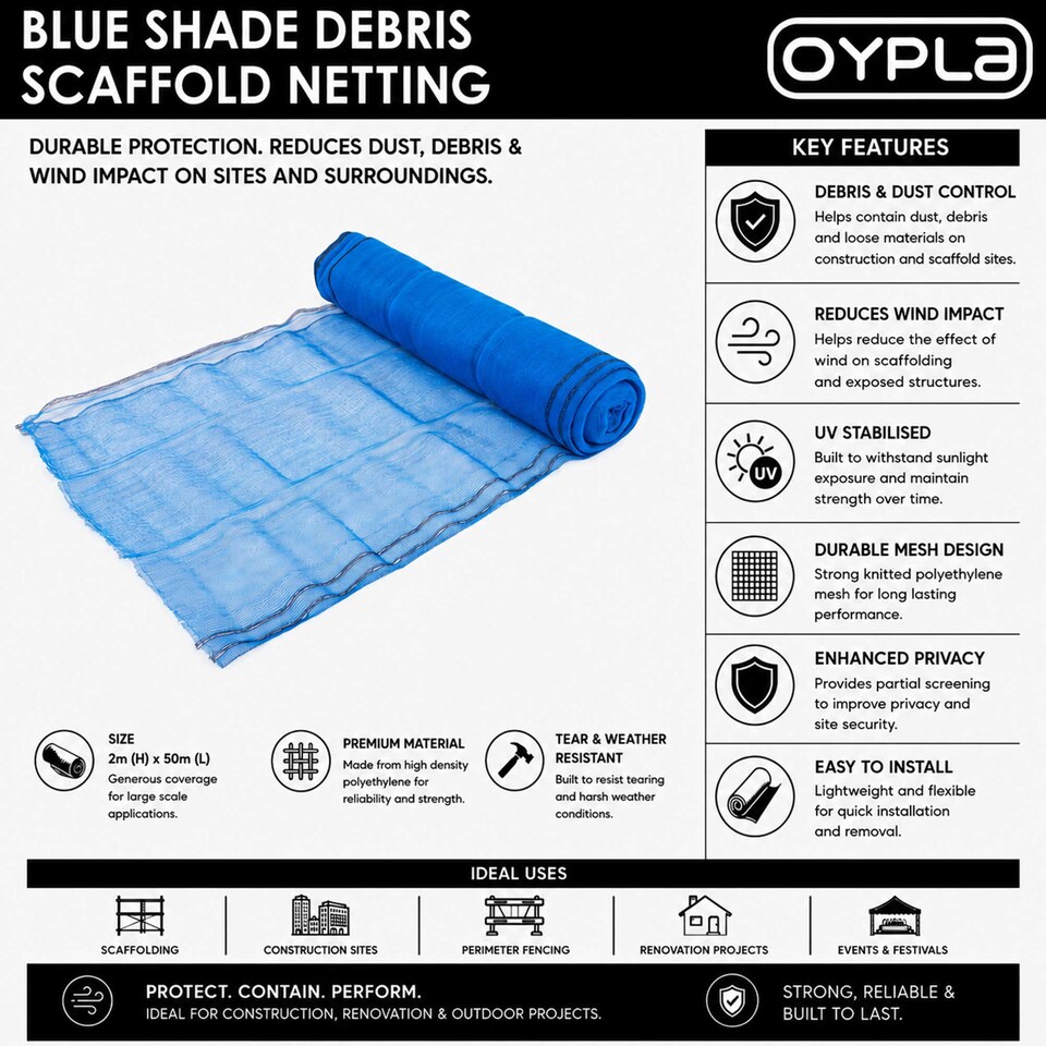 image 1 of Blue Shade Debris Scaffold Netting 2m x 50m Heavy Duty Building Safety Mesh