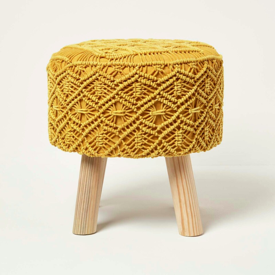image 1 of Homescapes Willow Macrame Yellow Footstool