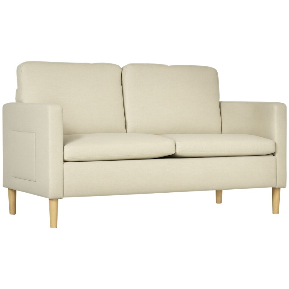 image 1 of HOMCOM 2 Seater Sofa Modern Fabric Couch with Wood Legs and 2 Pockets Beige
