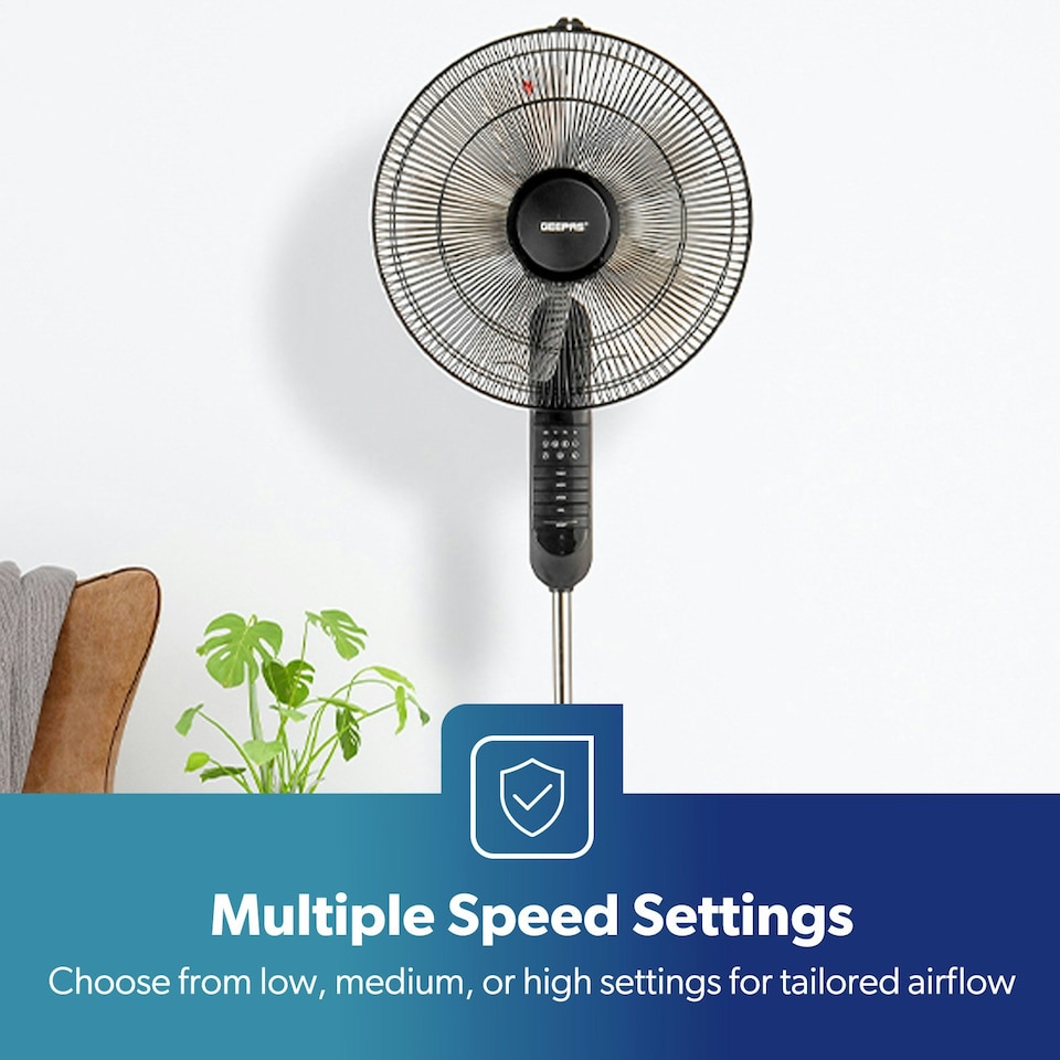 image 1 of GEEPAS 16’’ Pedestal Fan with Remote Control – 60W Free-Standing, Oscillating (Black)