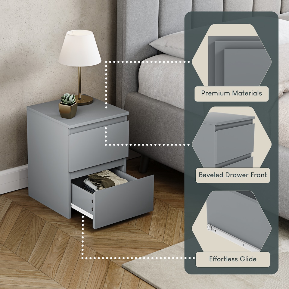 image 1 of Vida Designs Denver 2 Drawer Bedside Chest Cabinet Table Nightstand, Grey